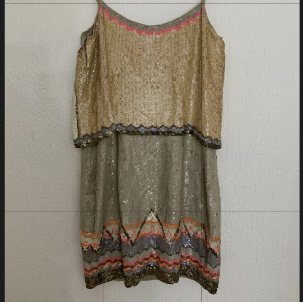 AllSaints Sequined Mini Dress in Taupe with Pink & Gold Accents - Picture 3 of 5